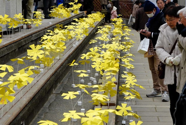 東遊園地の「阪神淡路大震災１・１７のつどい」会場に並べられた「シンサイミライノハナ」＝２０１５年１月１７日、神戸市中央区