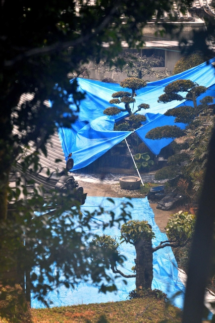 庭にブルーシートが張られた平野浩之さん宅＝９日午後３時４０分、洲本市中川原町中川原