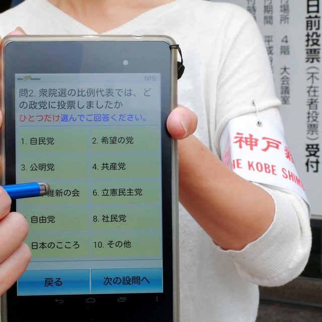 最近の出口調査では、タブレット端末も使用。回答した有権者の秘匿性がより高まっている＝神戸市東灘区
