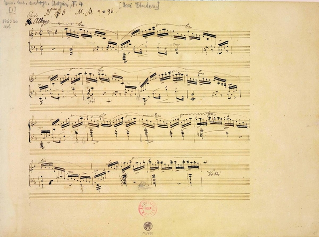 「エチュード　ヘ長調　作品１０の８」自筆譜（製版用　フリデリク・ショパン、１８３３年以前、インク、紙　Ｐｈｏｔｏ　：　Ｔｈｅ　Ｆｒｙｄｅｒｙｋ　Ｃｈｏｐｉｎ　Ｉｎｓｔｉｔｕｔｅ）