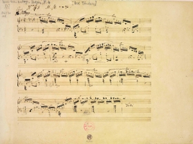「エチュード　ヘ長調　作品１０の８」自筆譜（製版用　フリデリク・ショパン、１８３３年以前、インク、紙　Ｐｈｏｔｏ　：　Ｔｈｅ　Ｆｒｙｄｅｒｙｋ　Ｃｈｏｐｉｎ　Ｉｎｓｔｉｔｕｔｅ）