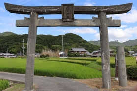 田園地帯にぽつんとたつ丹上神社の鳥居＝神戸市北区山田町東下