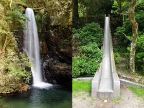 【左】落差約８メートルの「鼓ケ滝」【右】鼓ケ滝公園にある滑り台＝いずれも神戸市北区有馬町