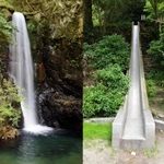 【左】落差約８メートルの「鼓ケ滝」【右】鼓ケ滝公園にある滑り台＝いずれも神戸市北区有馬町
