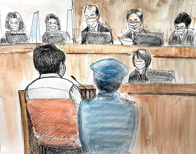 判決理由を聞く男性被告（手前左）（イラスト・田村角）