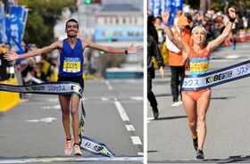 神戸マラソンを男子１位でフィニッシュするルムシェ（左）、女子１位でフィニッシュするクリフチン＝神戸市中央区