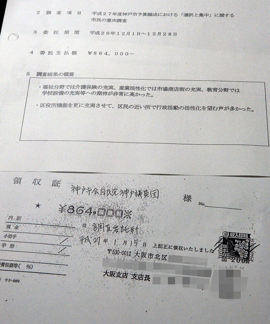 政務活動費収支報告書に添付された領収書のコピーなど。記された住所地に業者は存在せず、詳細な調査内容も分からない（撮影・後藤亮平、画像の一部を加工しています）