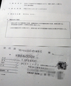 政務活動費収支報告書に添付された領収書のコピーなど。記された住所地に業者は存在せず、詳細な調査内容も分からない（撮影・後藤亮平、画像の一部を加工しています）
