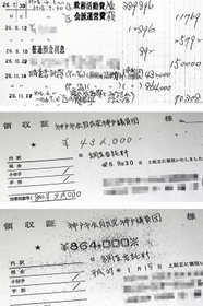 自民党神戸の収支報告書に添付されていた架空委託の領収書の一部（中、下）。委託料は“裏帳簿”（上）の「収入源」と一致していた（画像を一部加工しています）