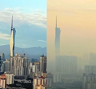 マレーシアの首都クアラルンプールにそびえ立つ世界で２番目に高いビル「ムルデカ１１８」（６７８．９メートル）もヘイズと朝もやでかすむ（撮影・栗岡誠司）
