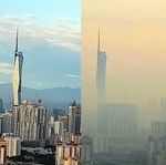 マレーシアの首都クアラルンプールにそびえ立つ世界で２番目に高いビル「ムルデカ１１８」（６７８．９メートル）もヘイズと朝もやでかすむ（撮影・栗岡誠司）