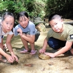 水遊びを楽しむ（左から）中山凛香さん、田畑杏莉さん、中山智仁さん＝神戸市兵庫区烏原町