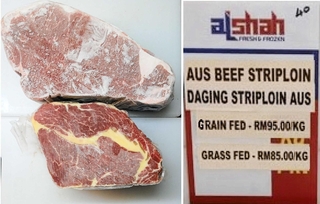 放牧で牧草を食べて育ち、脂が黄色がかっている牛の肉（左下）。穀物で育てた牛の脂は真っ白