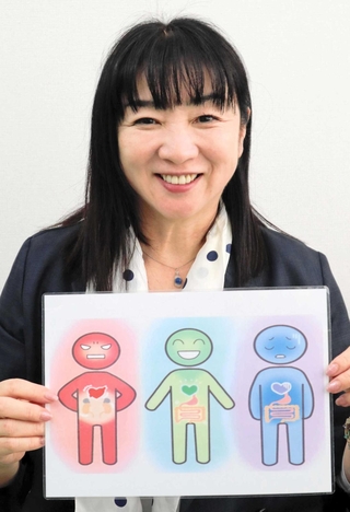 心の状態を表すイラストを手に解説する福島美由紀さん＝伊丹市内
