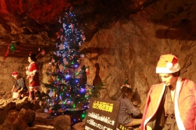坑道内にお目見えしたクリスマスツリー。隣では銀山ボーイズが仮装＝生野銀山