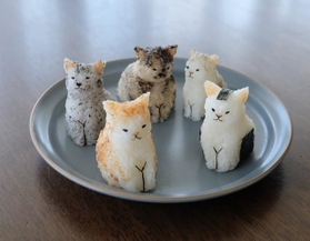 お皿に並んでいる5匹の猫ちゃんたちの写真が「かわいすぎる」とTwitter上で大きな話題に。実は全ておにぎりという（提供写真）