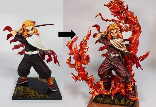 鬼滅の刃の煉獄杏寿郎のビフォーアフター。鬼気迫る表情、衣服の陰影、燃え立つ炎のエフェクト、すべてが別次元（提供画像）