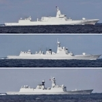 2021年10月18日に津軽海峡を通過した中国海軍艦艇の一部。上から、レンハイ級ミサイル駆逐艦（101）、ルーヤン３級ミサイル駆逐艦（172）、ジャンカイ２級フリゲート（515）／防衛省統合幕僚監部・報道発表資料より（https://www.mod.go.jp/js/Press/press2021/press_pdf/p20211018_02.pdf）