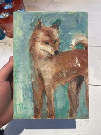 佐野さんが東京・杉並区の古道具屋で購入したという犬の絵。額を外すと絵にそっくりの柴犬の写真が出てきた（佐野さん提供）