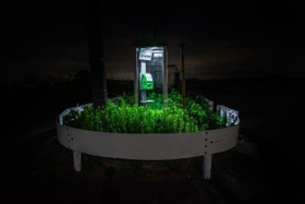 ガードレールに囲まれてひっそりと佇む異様な電話ボックス(えぬびいさん提供)