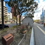 神戸市役所前の植え込みにある小さな記念碑とヤマボウシ＝2023年1月撮影