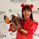 ロブスターの大きさに目を丸くする山之内すずさん＝レッドロブスター須磨海浜公園店