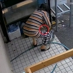 盗んだ瓶（赤丸）を手に水草の入った水槽へ近づく女性（提供動画より）