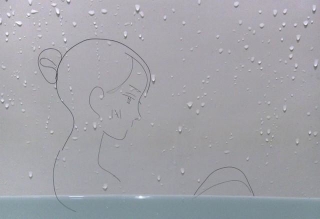 杉浦さんの髪の毛アート作品。入浴している女性 ※杉浦由梨さん提供