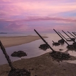 金門島の海岸に残る、敵の上陸用舟艇を防ぐ防護柵「軌条砦」（Richie Chan/stock.adobe.com）