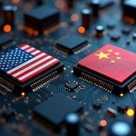 回路基板上に設置されたアメリカと中国の国旗が描かれた2つのコンピュータチップ※画像はAIが作成したイメージです（Танюша Коновал/stock.adobe.com）