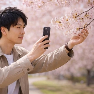 桜の枝を映え写真のためにポキリ　※この画像はAdobe Fireflyで作成したイメージです