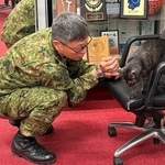 自衛隊公式ネコ……だと？駐屯地で訓練や最新装備を見学、連隊長を癒やす社交性も「どんなお仕事するのかニャ～」「頼むにゃ」