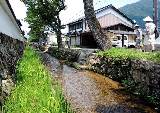 民家や寺院の近くを流れる水路＝朝来市和田山町竹田