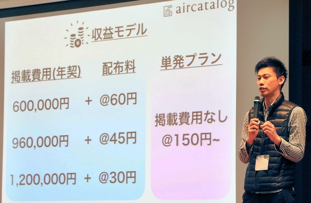 投資家に事業案を発表する起業家＝神戸市中央区浪花町