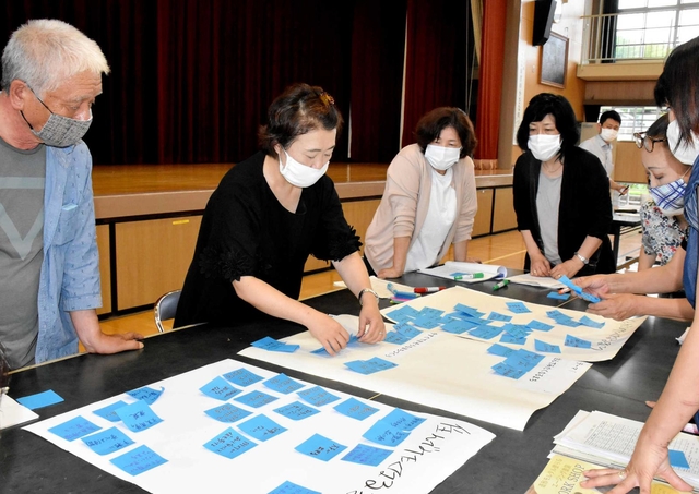 アイデアをまとめた付箋を活用して活性化策の議論を深める参加者＝姫路市西脇