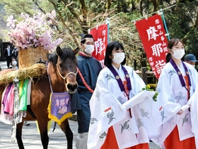 華やかに飾った馬と共に練り歩くパレード