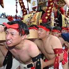 屋台をかつぐ妻鹿地区の氏子たち＝１５日午前、姫路市白浜町、松原八幡神社（撮影・大田将之）
