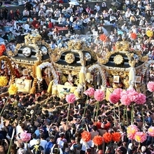 勇壮な屋台練りを披露する妻鹿、宇佐崎、東山の各地区の氏子ら＝姫路市白浜町（撮影・斎藤雅志）