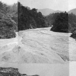 昭和４２年７月豪雨で五助堰堤に土砂が流入した当時の写真（３枚をつなぎ合わせ）。現在は木々が生い茂り、ハイキングコースに＝神戸市内（池田碩さん提供）