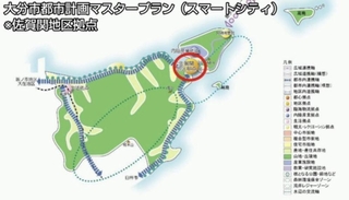 Xなどに投稿された画像。大分市佐賀関地区の地図に添えられた「スマートシティ」などの文言は、後から意図的に付け加えられた可能性がある