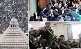（左）国会前の反対集会（８月３０日）（上）参院の委員会採決（９月１７日）（下）自衛隊員の訓練（伊丹市）
