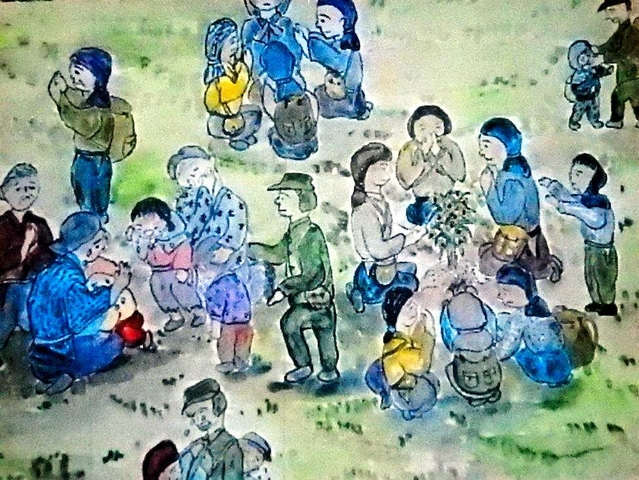 自決を前に覚悟を決め、祈る開拓団員たち＝高橋村の開拓団の悲劇を伝える紙芝居より（編集・絵、峠尚代さん）
