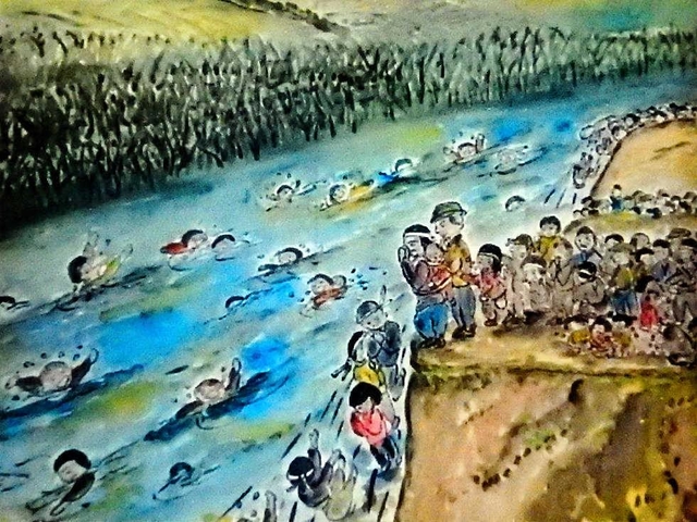 次々と河に身を投げる開拓団員たち＝高橋村の開拓団の悲劇を伝える紙芝居より（編集・絵、峠尚代さん）