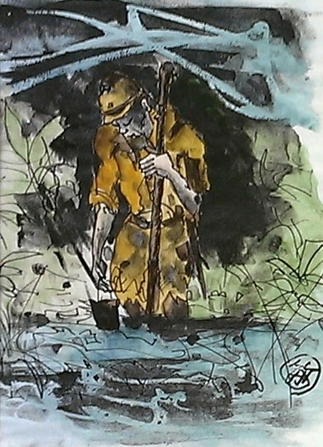 ビルマ戦線で立ったまま亡くなっていた兵士を描いた水彩画（元日本兵による作品から、ＮＰＯ法人神戸ミャンマー皆好会提供）
