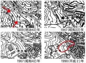 ０９年には矢印の先に谷があり、等高線は逆コの字形だが、９０年には等高線が直線に近くなり、南側の谷地形はなくなっている。９０年の等高線は６７年に比べて仁川寄りに少し動いており、盛り土部分が広がったとみられる（国土地理院などの地形図から） 
