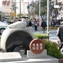 台座上のハトが買い物客を見守る＝明石市桜町 