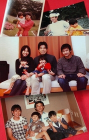 愛子・裕充夫婦と康一＝中央の写真、後列左から。上段と下段は震災前の岸本家の写真。笑顔の父と母がいた