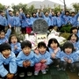 「みんな一緒だよ」－。碑を囲む園児たち＝芦屋市川西町、精道幼稚園