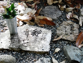 祈念石には、被災者のメッセージが込められている＝松山市石手、石手寺