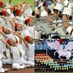 写真左＝式典前演技ではダンサーらが未来へ羽ばたく兵庫の姿を表現。観衆を魅了した（撮影・中西大二） 写真上＝開会式を盛り上げたブラスバンド（撮影・辰巳直之） 写真下＝式典後アトラクションで出場選手へのエールを送る「ペガサス」を披露する武庫川女子大学（撮影・後藤　剛）いずれも神戸市須磨区、神戸ユニバー記念競技場
